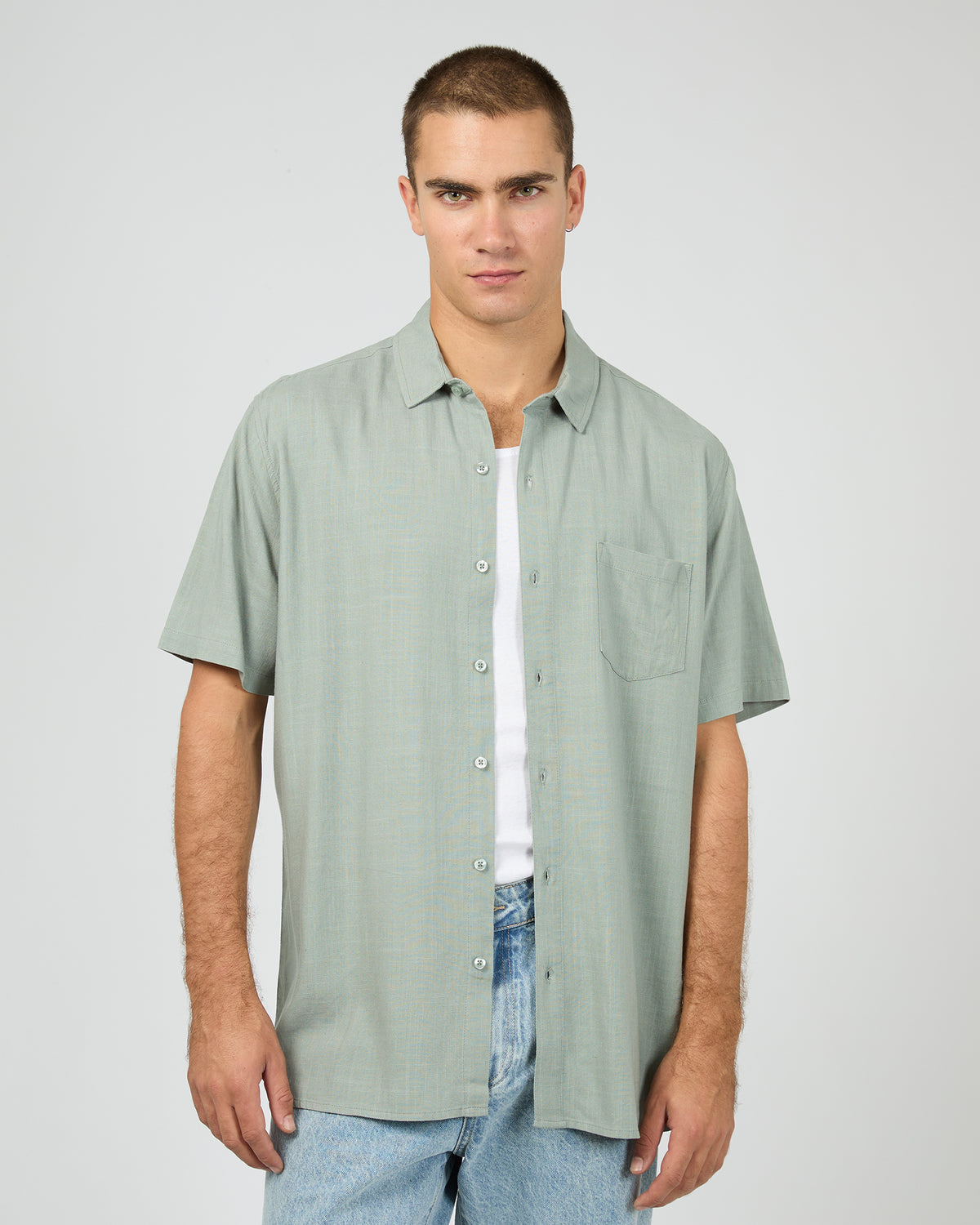 Textured Linen Ss Shirt Green