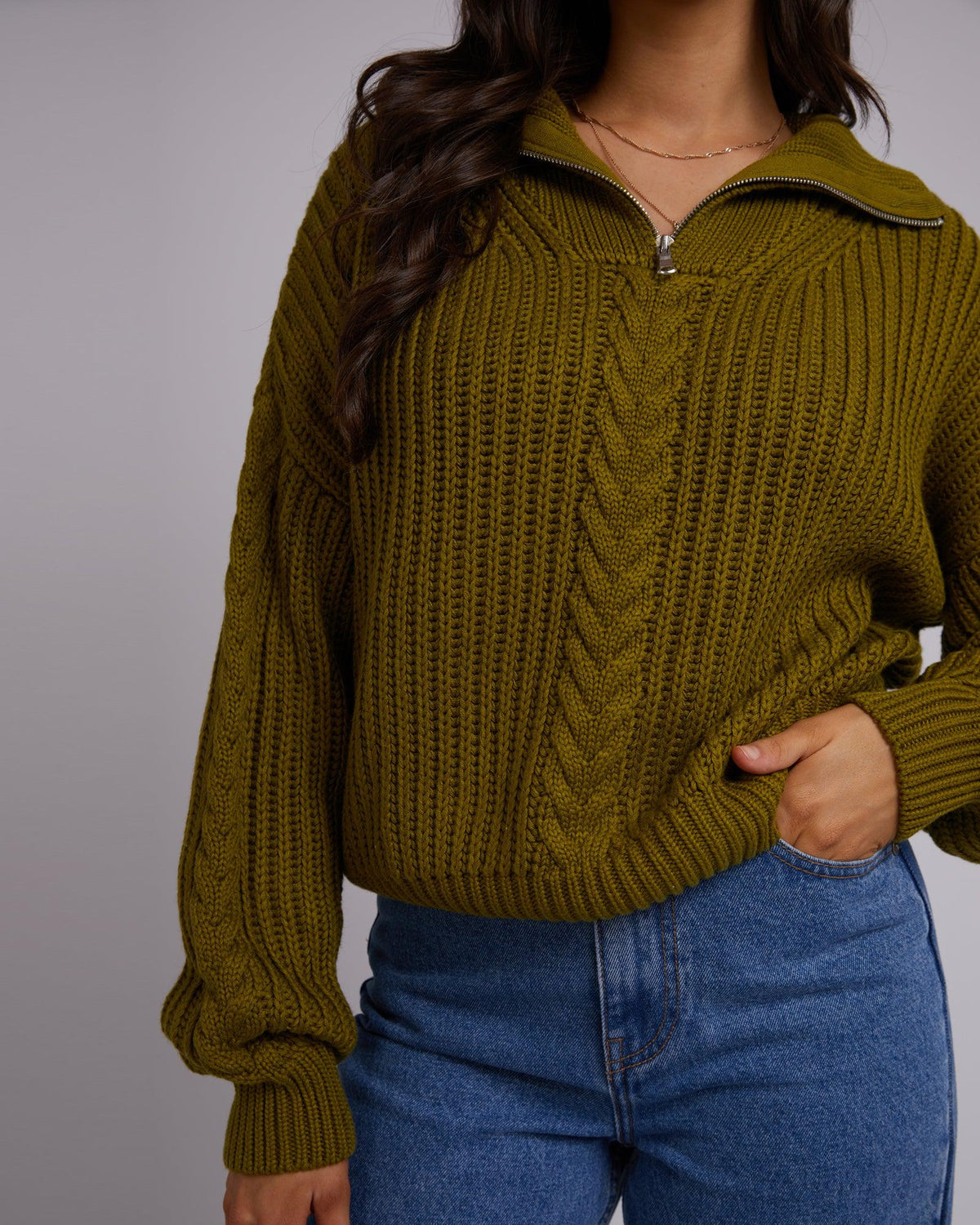 All About Eve-Dahlia 1/4 Zip Knit Olive-Edge Clothing