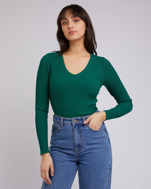All About Eve-Eve Rib V Neck Long Sleeve Top Emerald-Edge Clothing