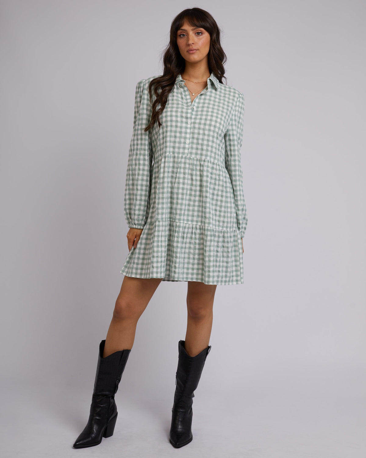 All About Eve-Frankie Check Long Sleeve Mini Dress-Edge Clothing