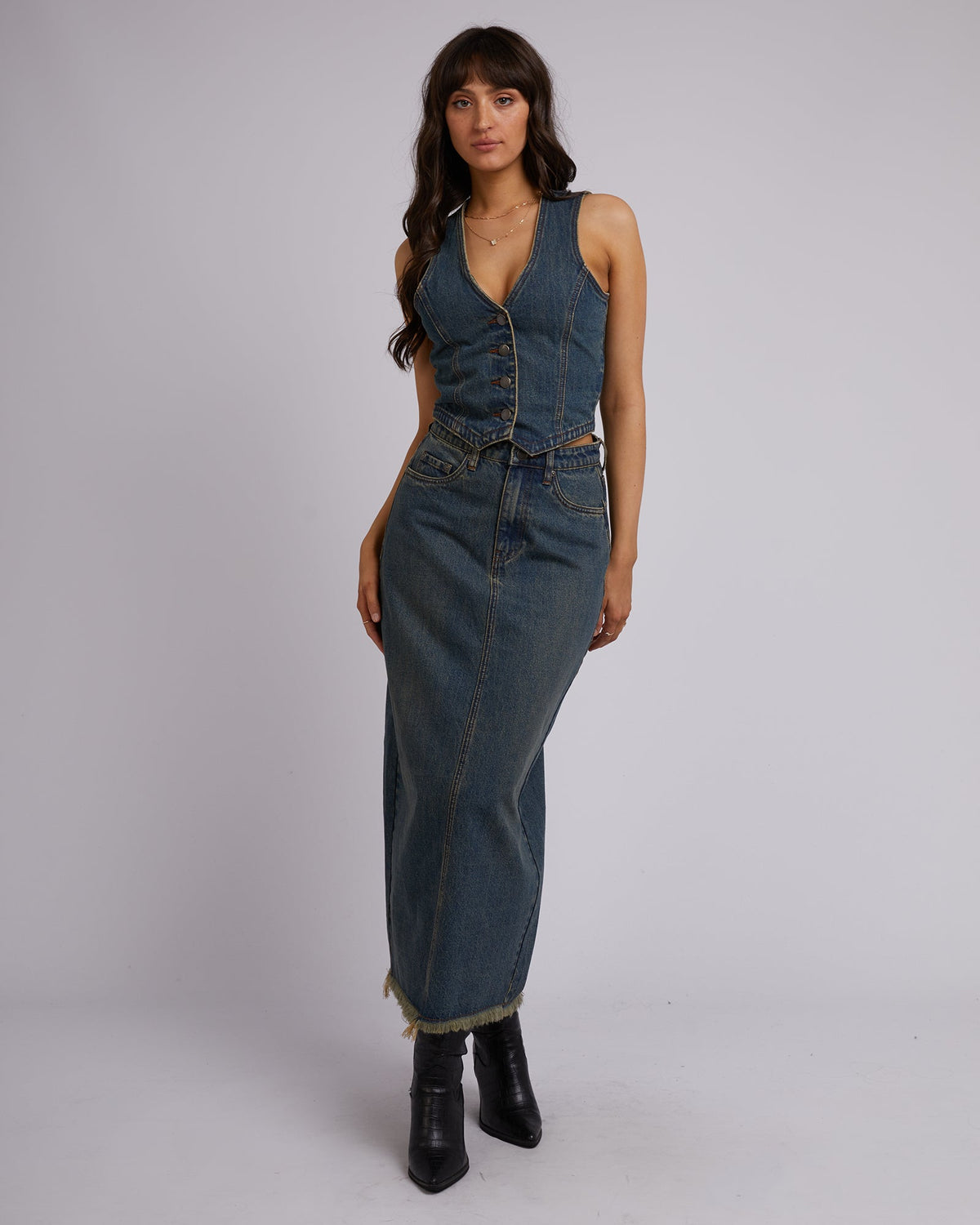 All About Eve-Ray Denim Maxi Skirt Dirty Denim-Edge Clothing