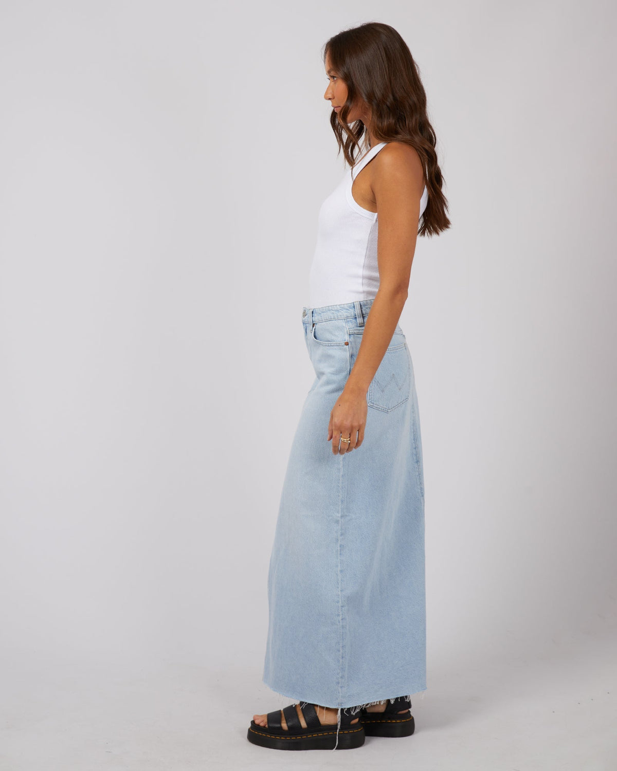 Wrangler-Mid Rise Repair Denim Maxi Skirt-Edge Clothing