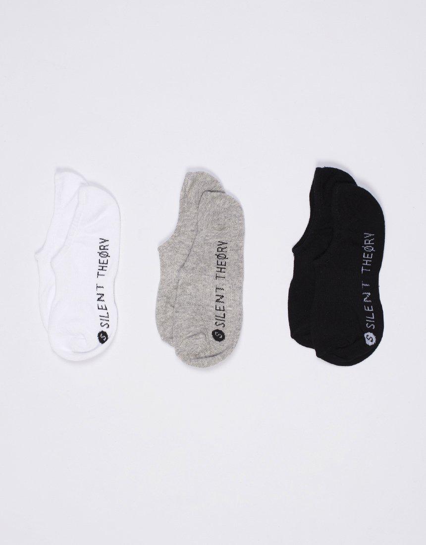 Silent No Show Sock 3 Pack White, Grey &amp; Black