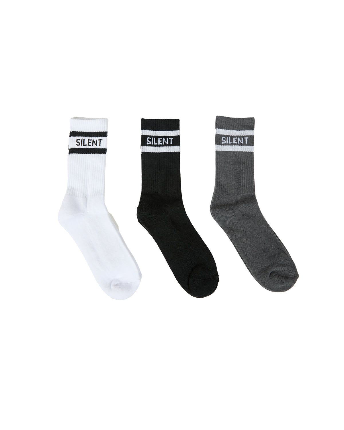 Silent Crew Sock 3 Pack White Black & Charcoal
