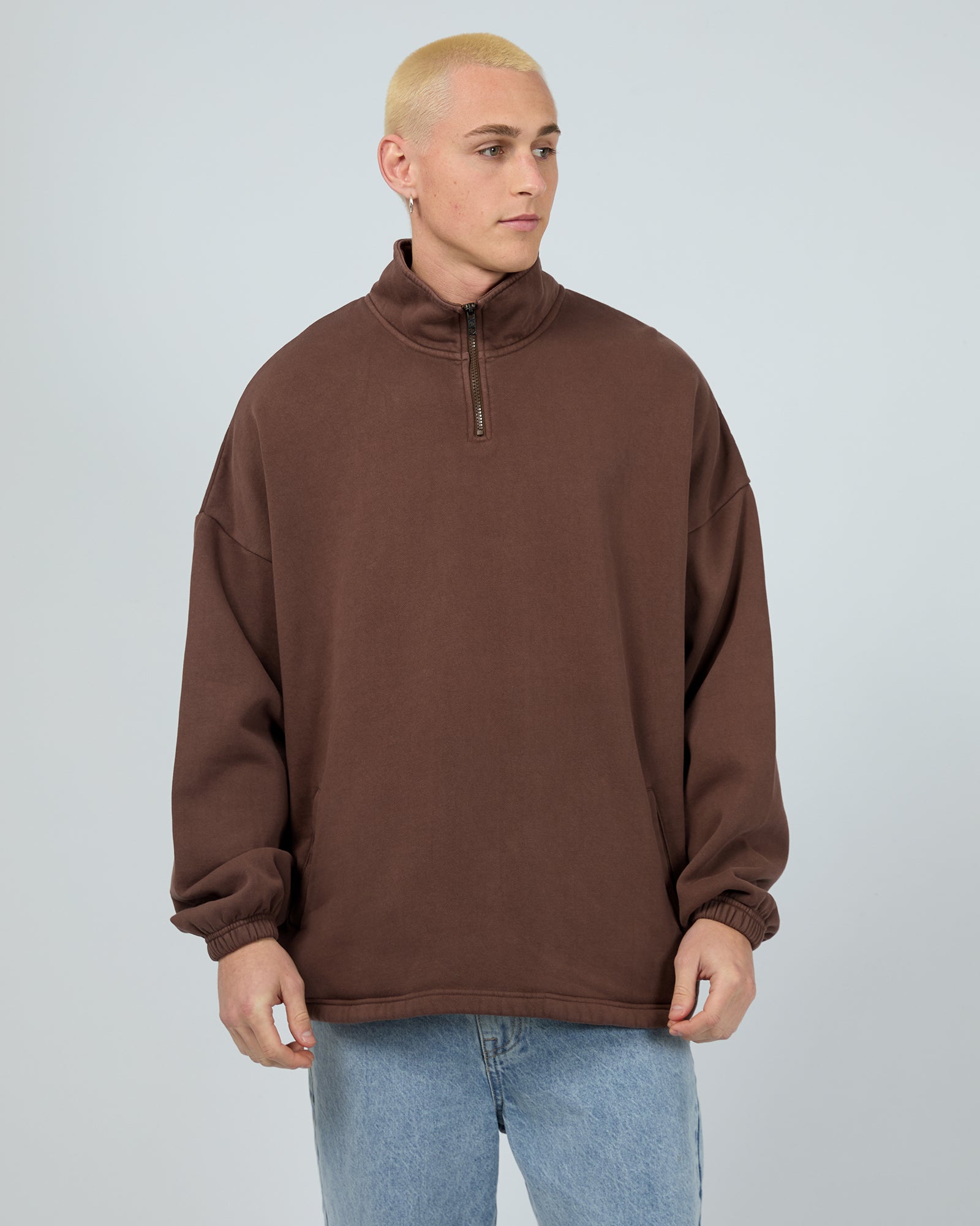 Oversized 1/4 Zip Jumper Chocolate - Edge Clothing