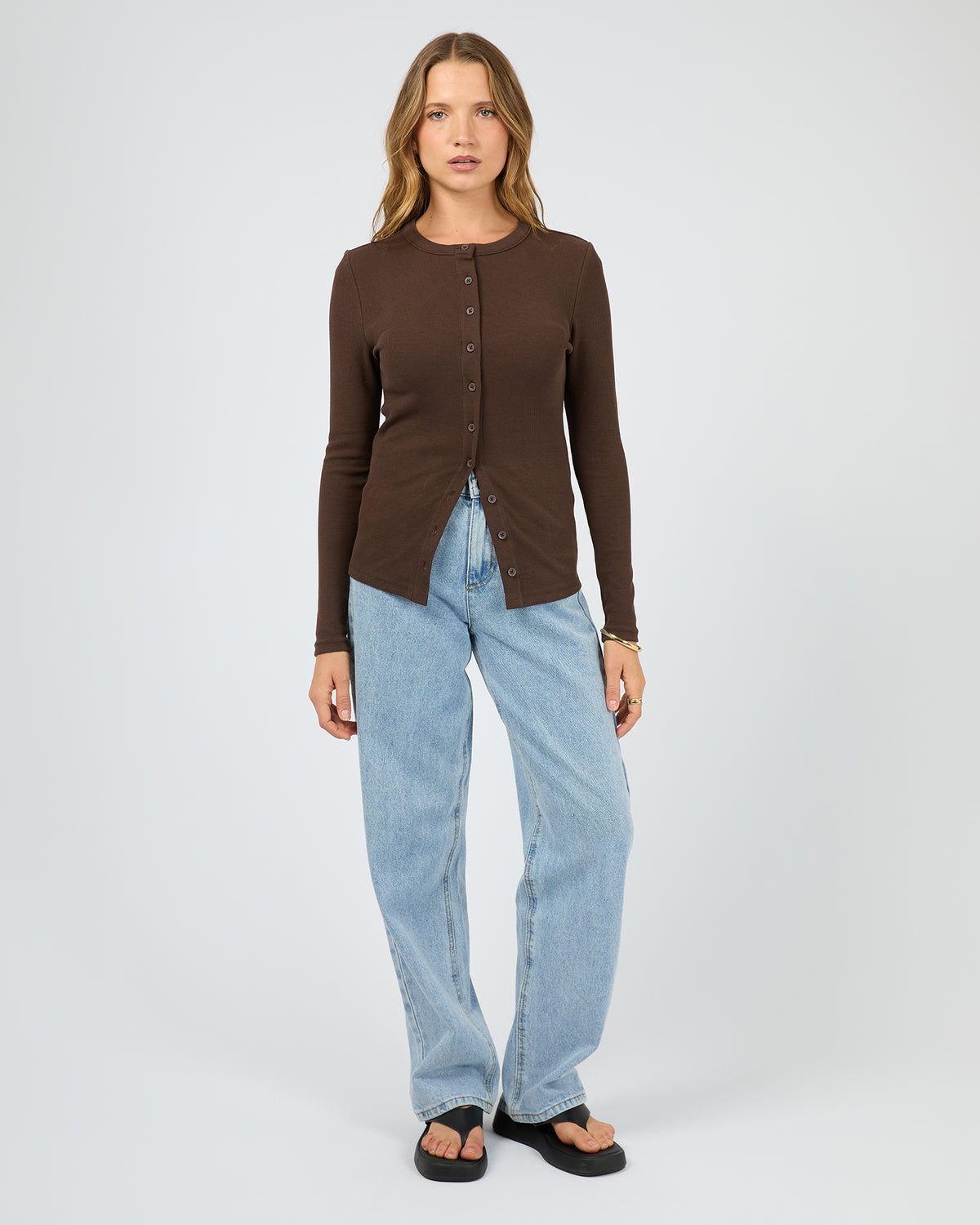 Button Up Long Sleeve Tee Chocolate