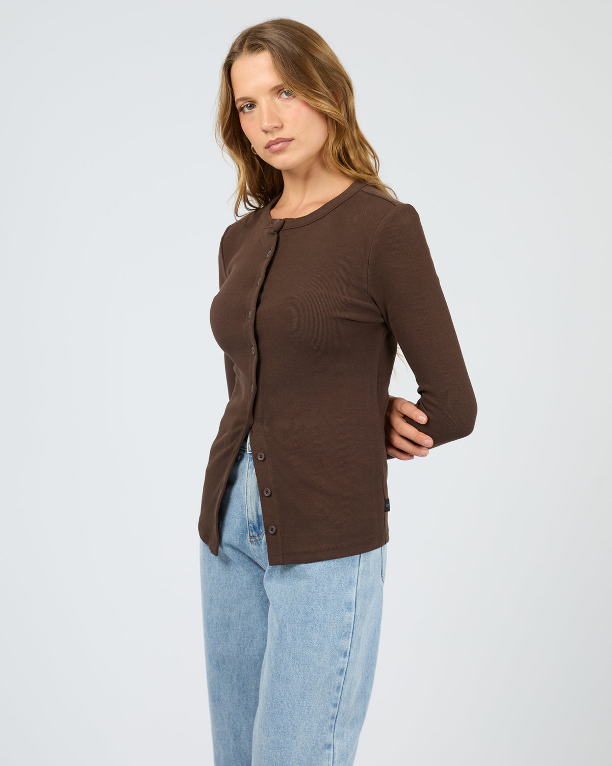 Button Up Long Sleeve Tee Chocolate