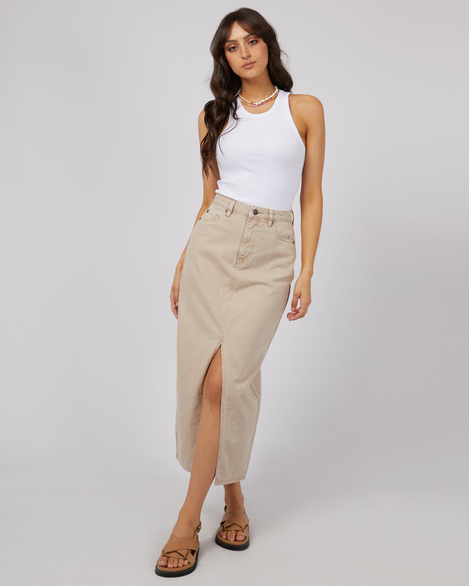 Pia Denim Maxi Skirt Beige Edge Clothing