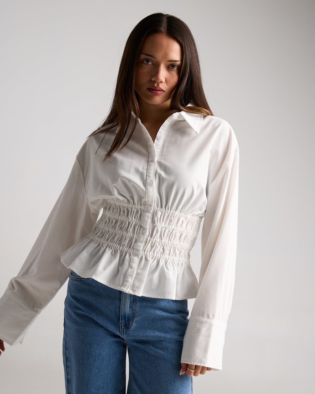 Timeless Shirred Long Sleeve Shirt White