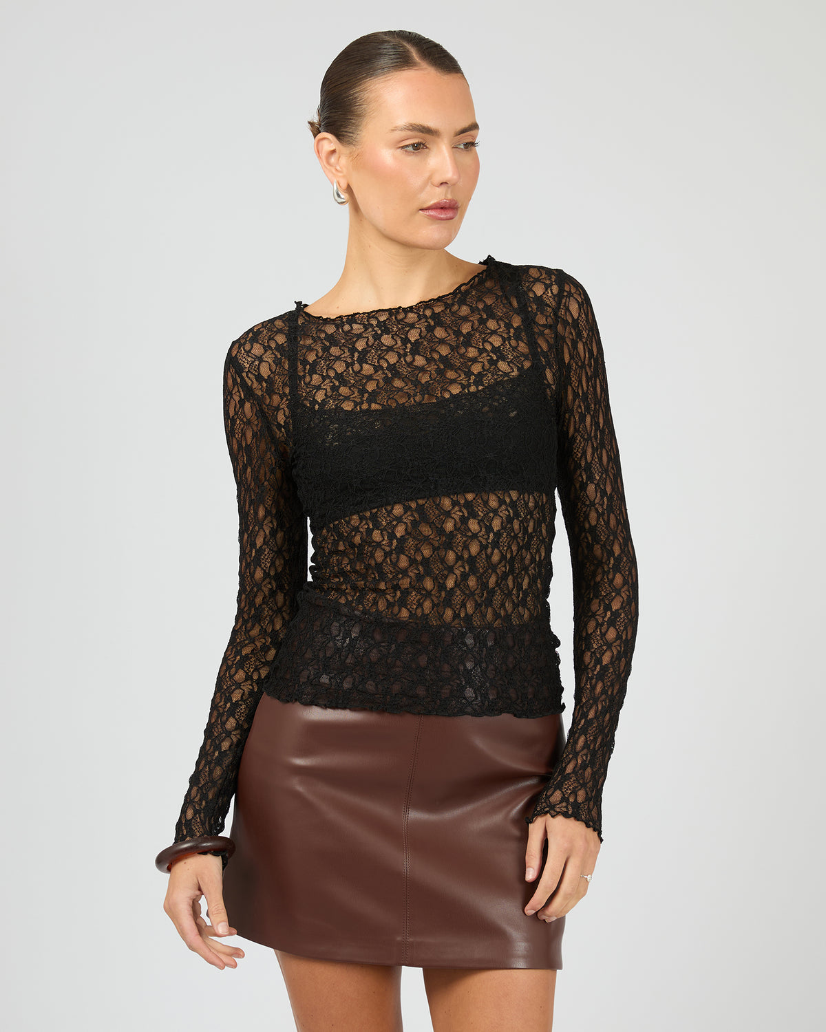 Evelyn Lace Long Sleeve Top Black