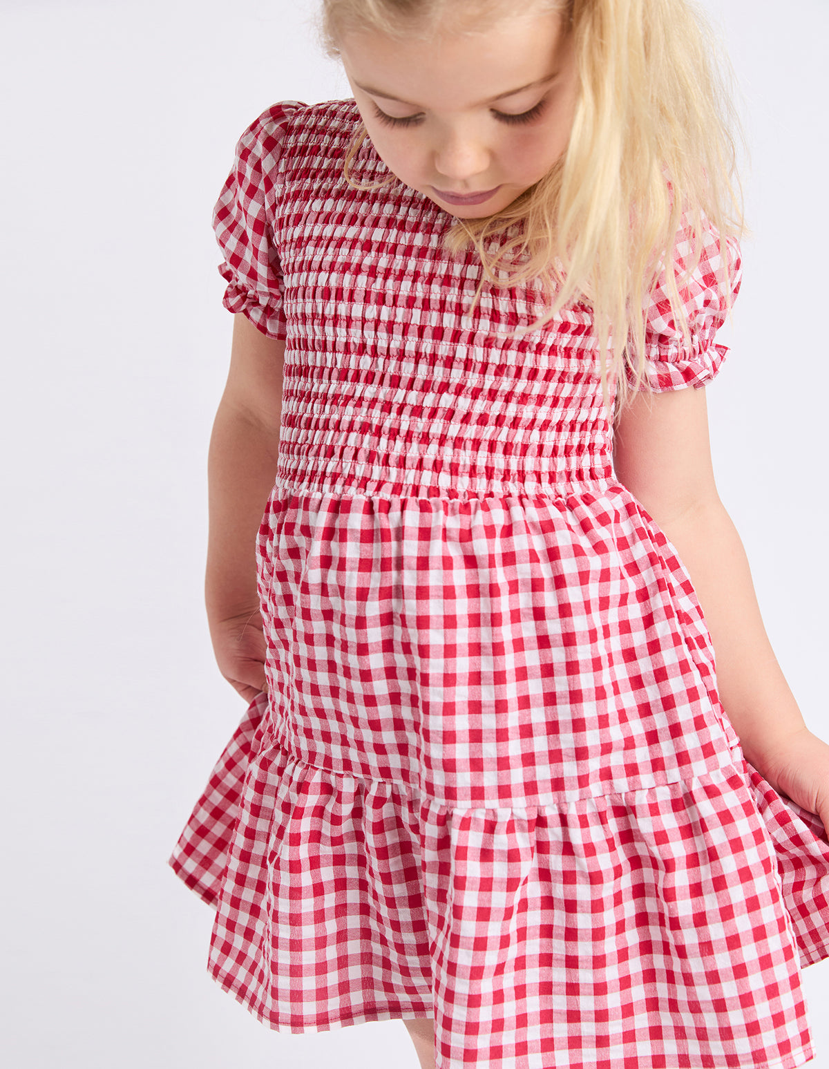Kids Elsa Gingham Shirred Dress Red