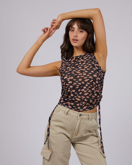 Afends-Hazey Sheer Gathered Crop Top Black Floral-Edge Clothing