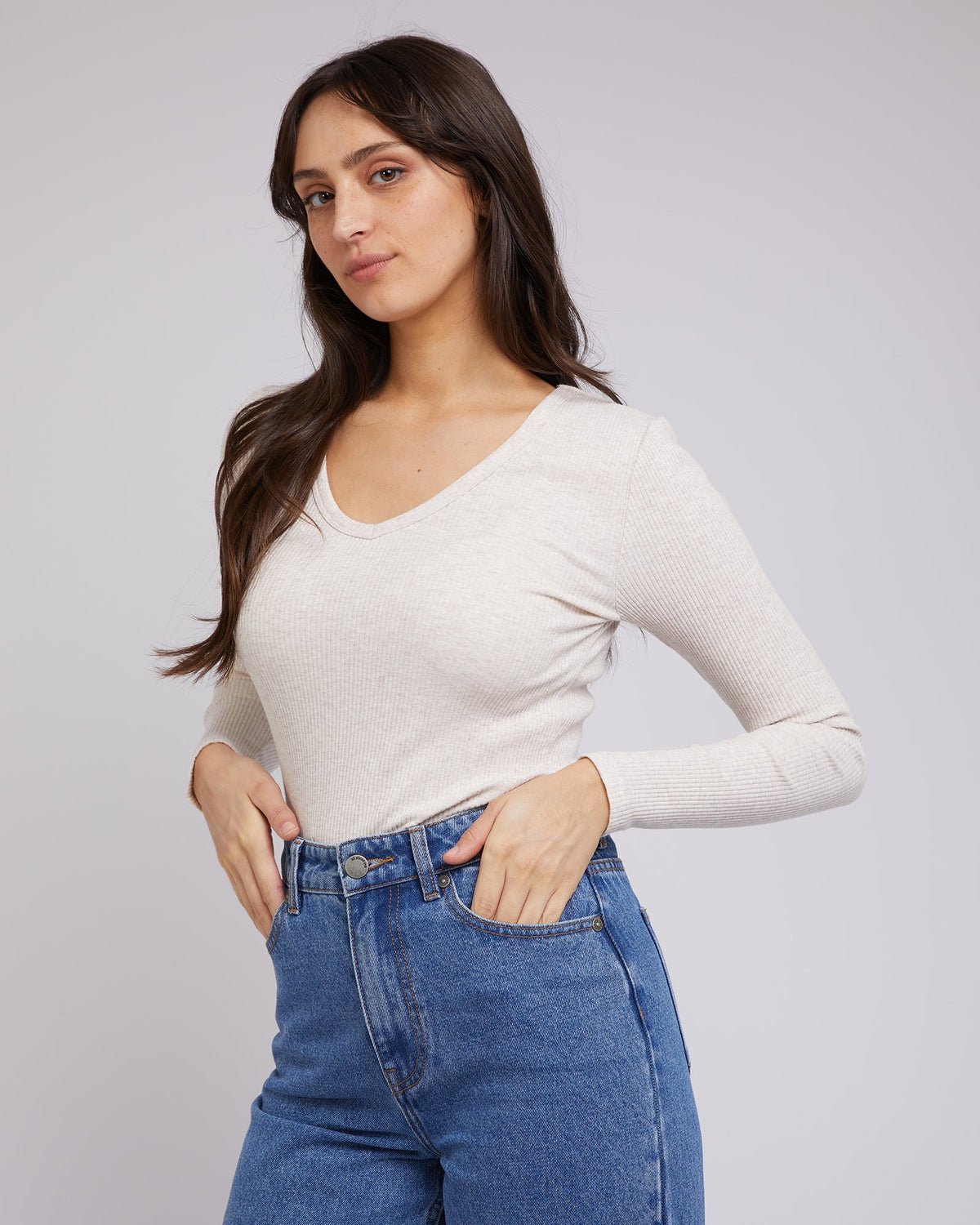 All About Eve-Eve Rib V Neck Long Sleeve Top Oatmeal-Edge Clothing
