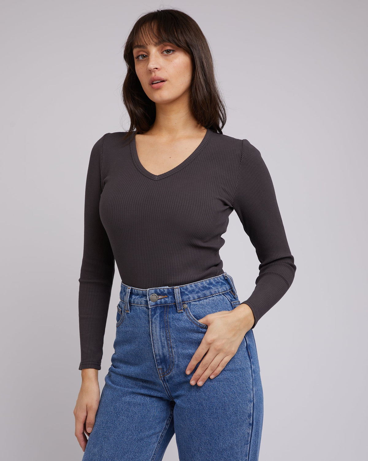 All About Eve-Eve Rib V Neck Long Sleeve Top Washed Black-Edge Clothing
