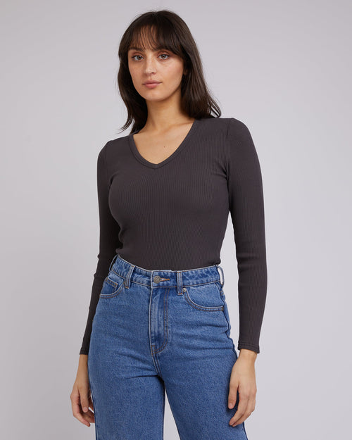All About Eve-Eve Rib V Neck Long Sleeve Top Washed Black-Edge Clothing