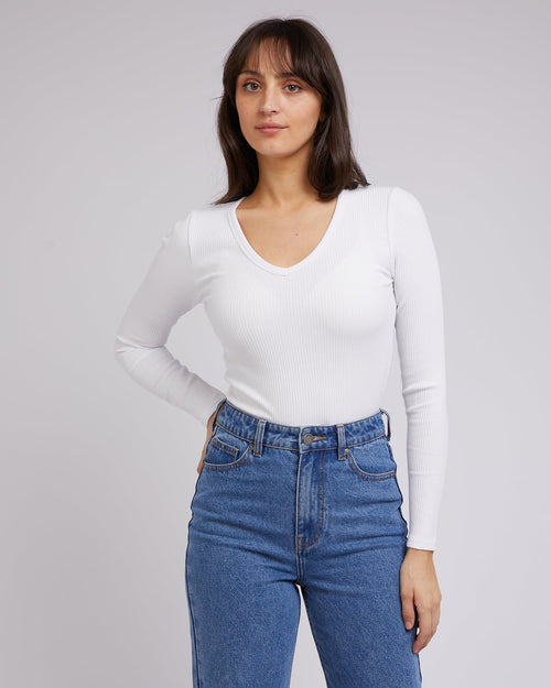 All About Eve-Eve Rib V Neck Long Sleeve Top White-Edge Clothing
