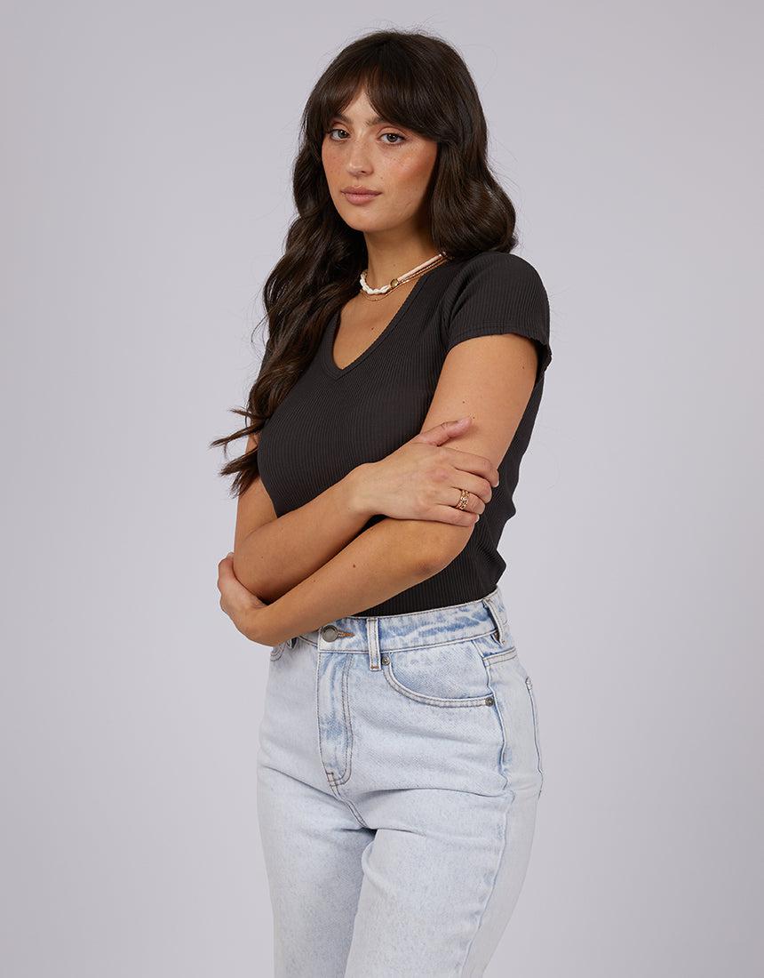All About Eve-Eve Rib V Neck Tee Washed Black-Edge Clothing