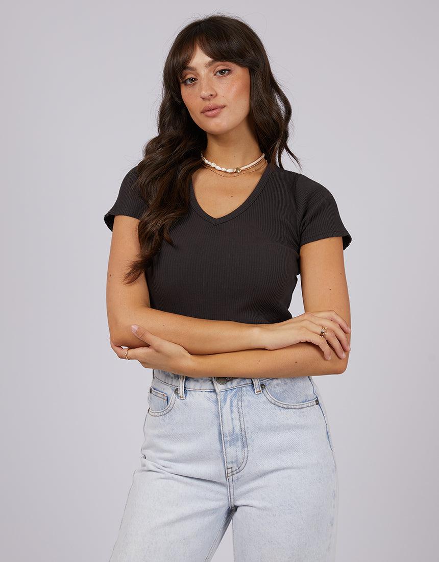 All About Eve-Eve Rib V Neck Tee Washed Black-Edge Clothing