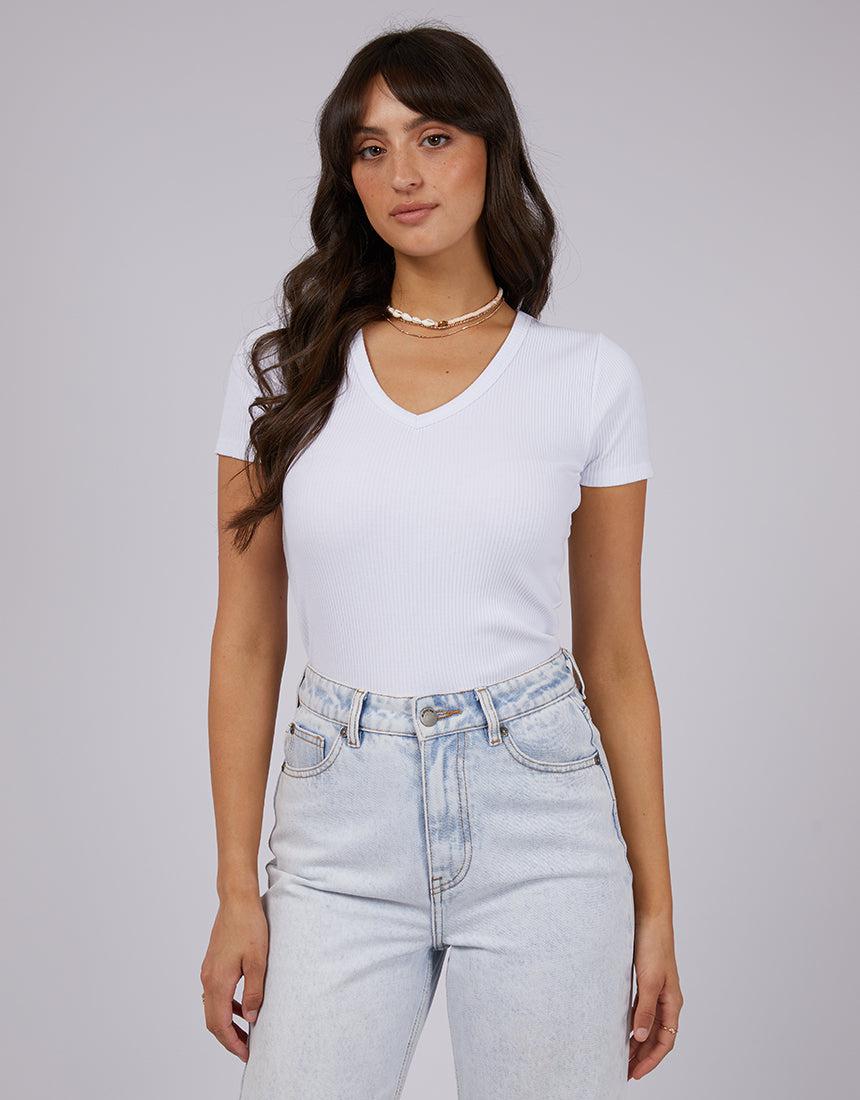 All About Eve-Eve Rib V Neck Tee White-Edge Clothing