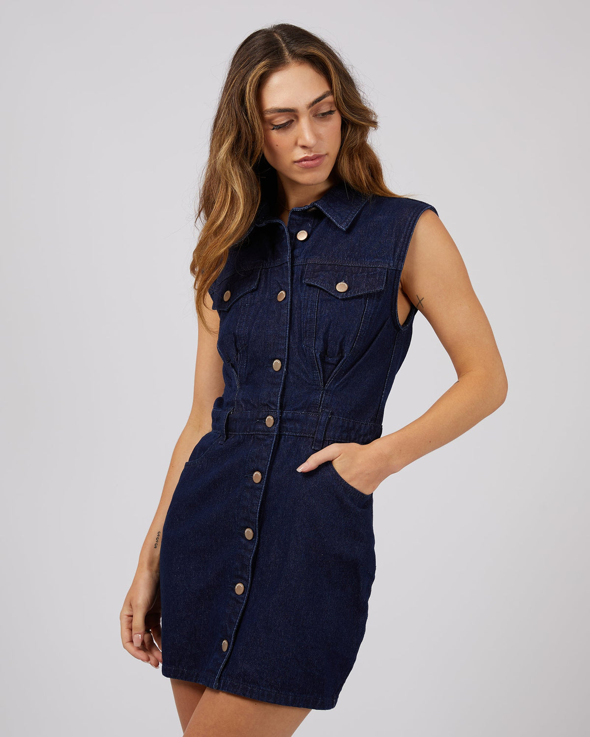 All About Eve-Kennedy Denim Mini Dress Organic Blue-Edge Clothing