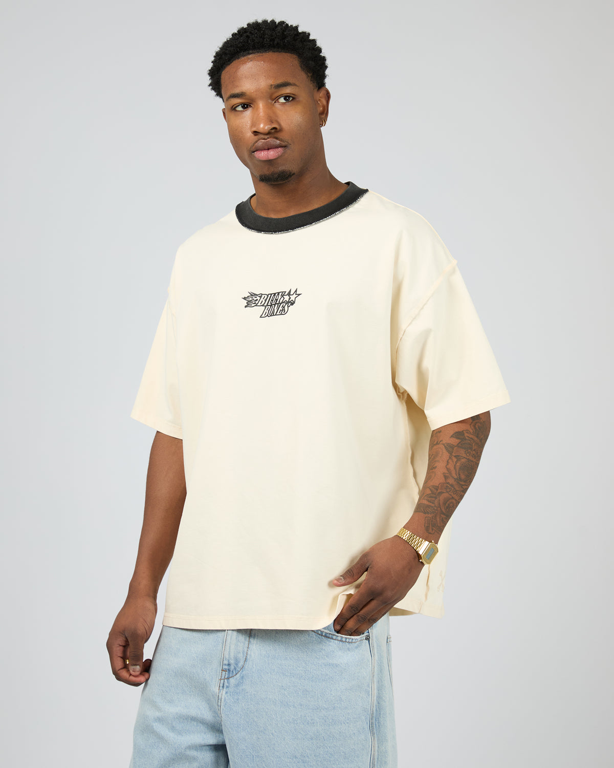 Flames Oversized Contrast Rib Tee Cream