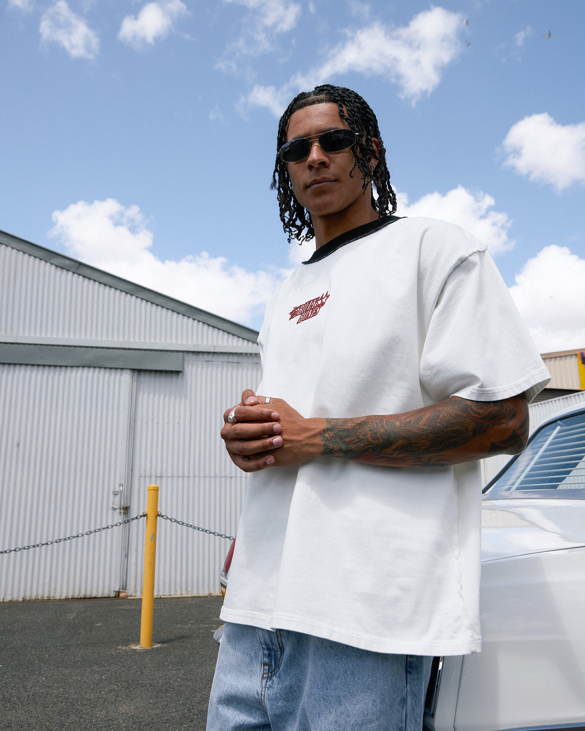 Flames Oversized Contrast Rip Tee White