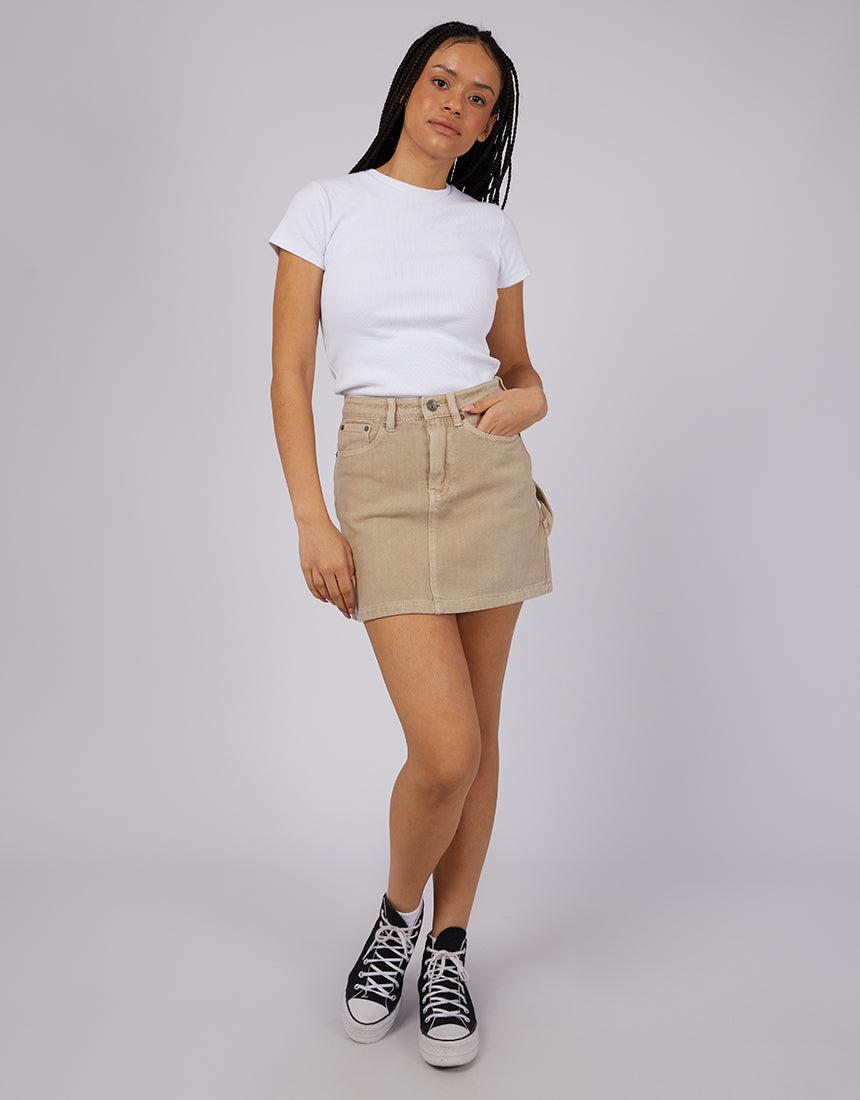 Silent Theory Ladies-Cargo Denim Skirt Beige-Edge Clothing