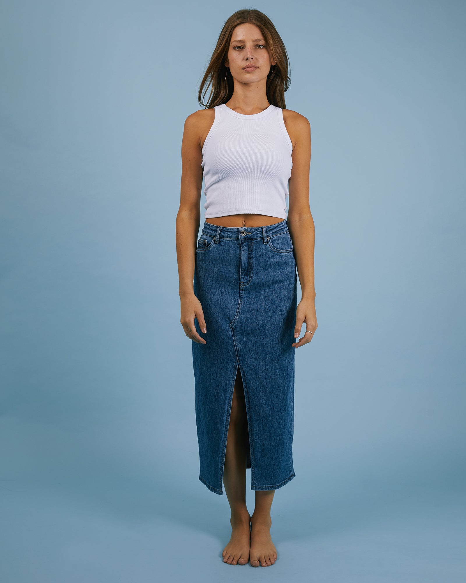 Silent Theory Ladies-Eva Comfort Maxi Skirt Mid Blue-Edge Clothing