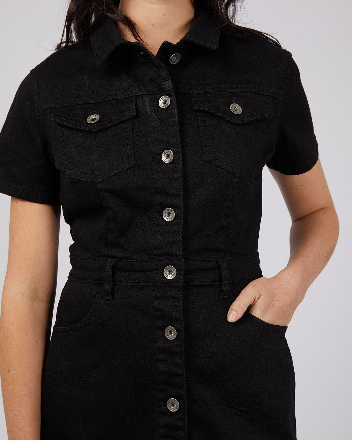 Silent Theory Ladies-Leah Mini Denim Dress Black-Edge Clothing