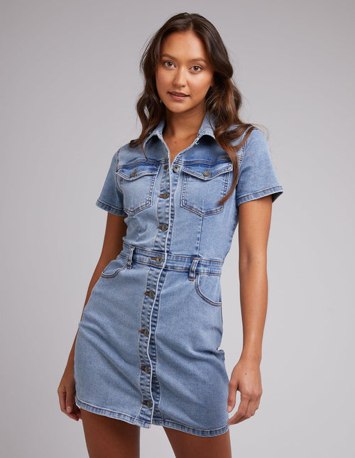 Silent Theory Ladies-Leah Mini Denim Dress Light Blue-Edge Clothing