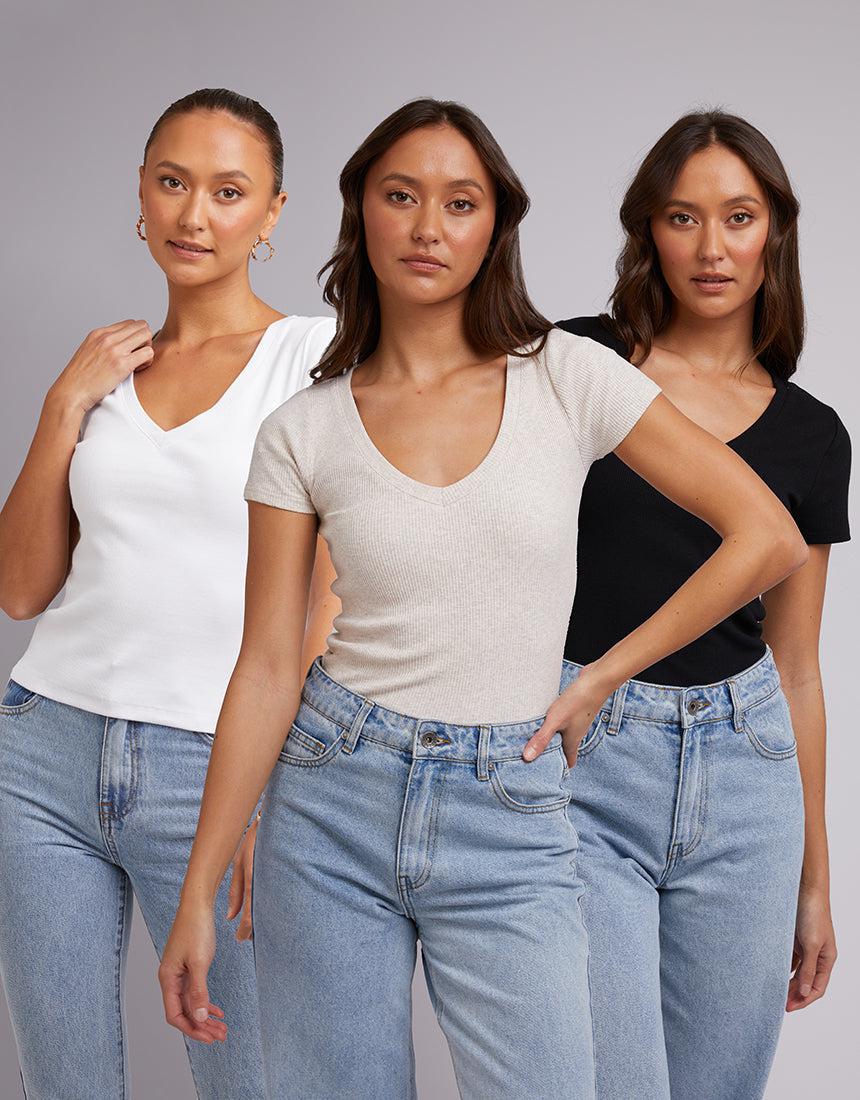 Silent Theory Ladies-Lily V Neck Tee 3Pk Wht/blk/oat-Edge Clothing