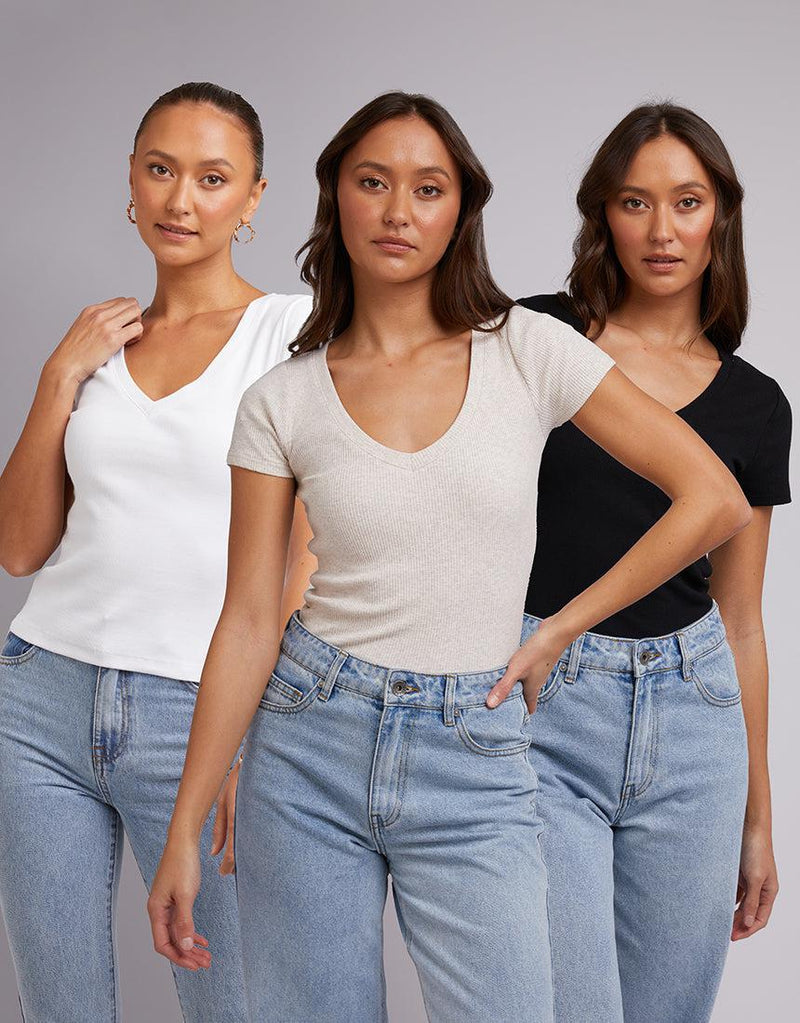 Silent Theory Ladies-Lily V Neck Tee 3Pk Wht/blk/oat-Edge Clothing