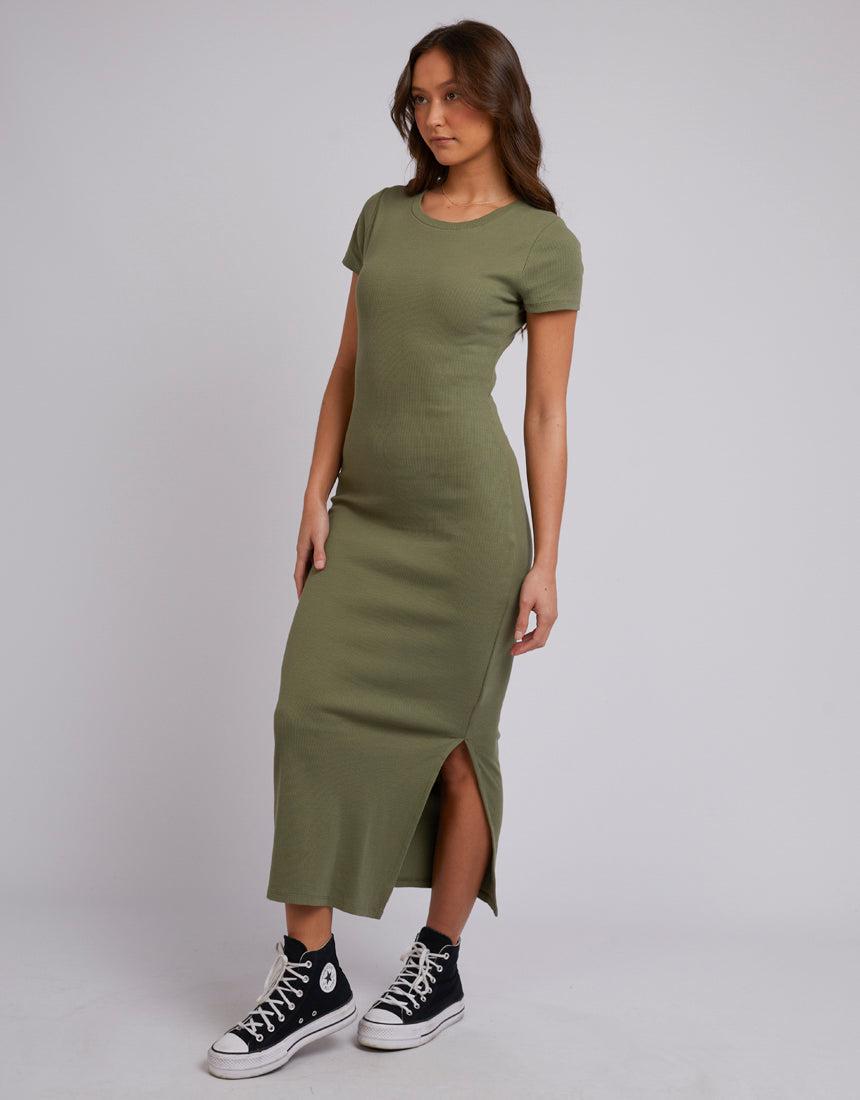 Silent Theory Ladies-Mika Midi Dress Khaki-Edge Clothing