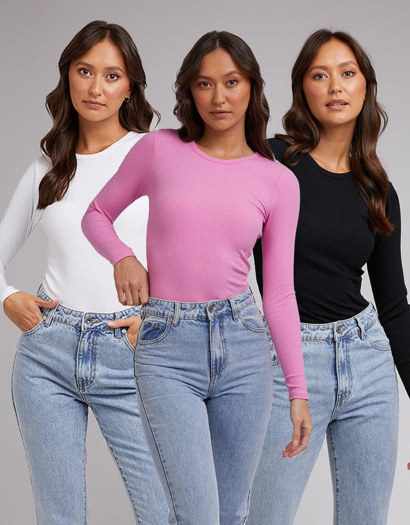 Silent Theory Ladies-Rib Long Sleeve 3Pk Wht/blk/bpnk-Edge Clothing