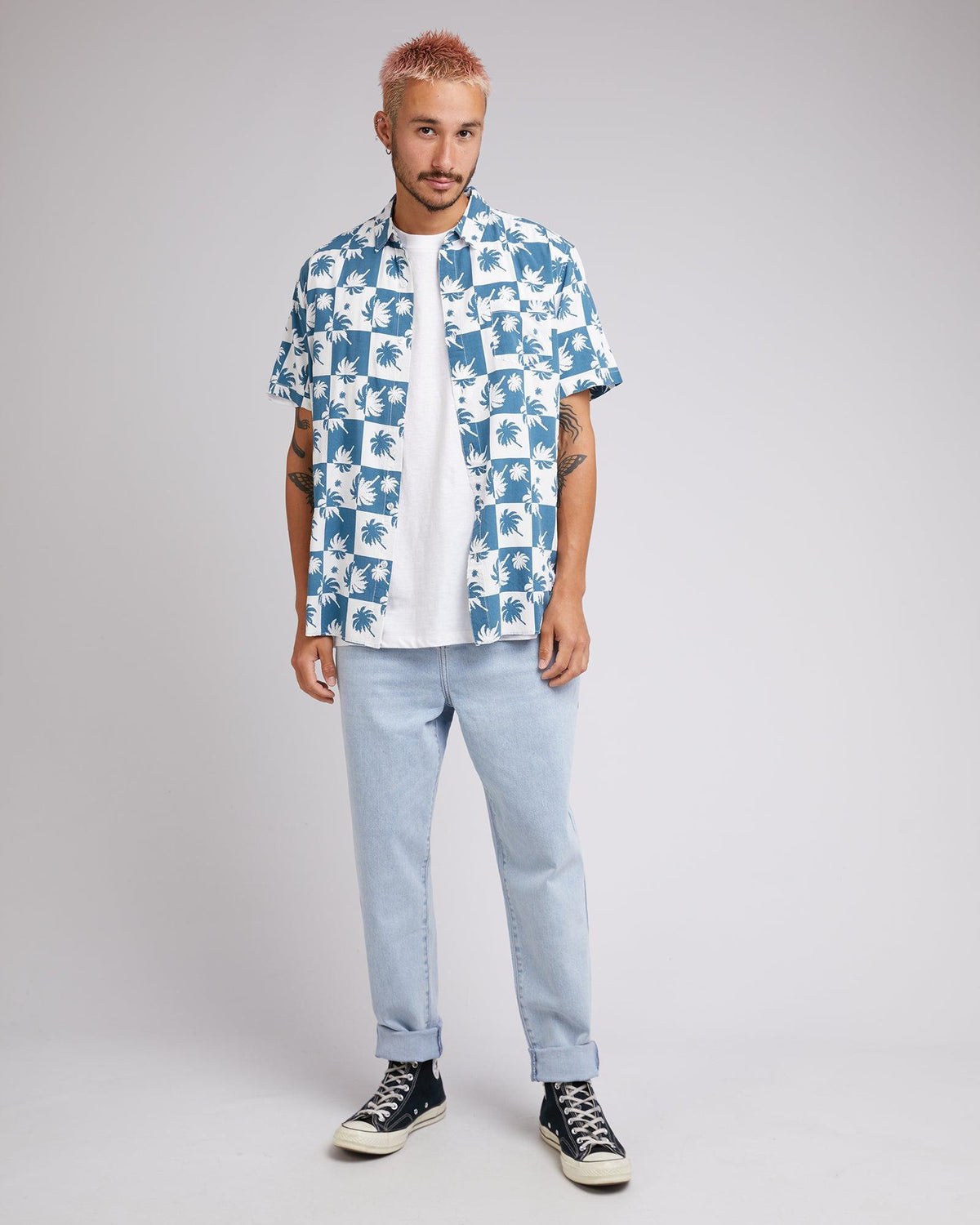 Silent Theory-Palm Check Ss Shirt Ocean Blue-Edge Clothing