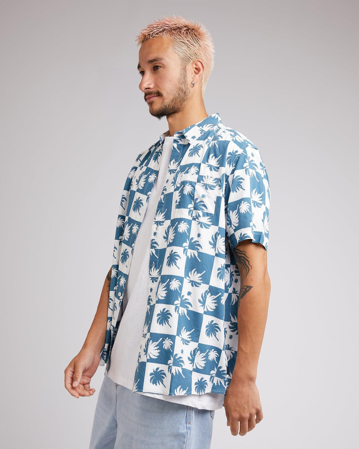Silent Theory-Palm Check Ss Shirt Ocean Blue-Edge Clothing