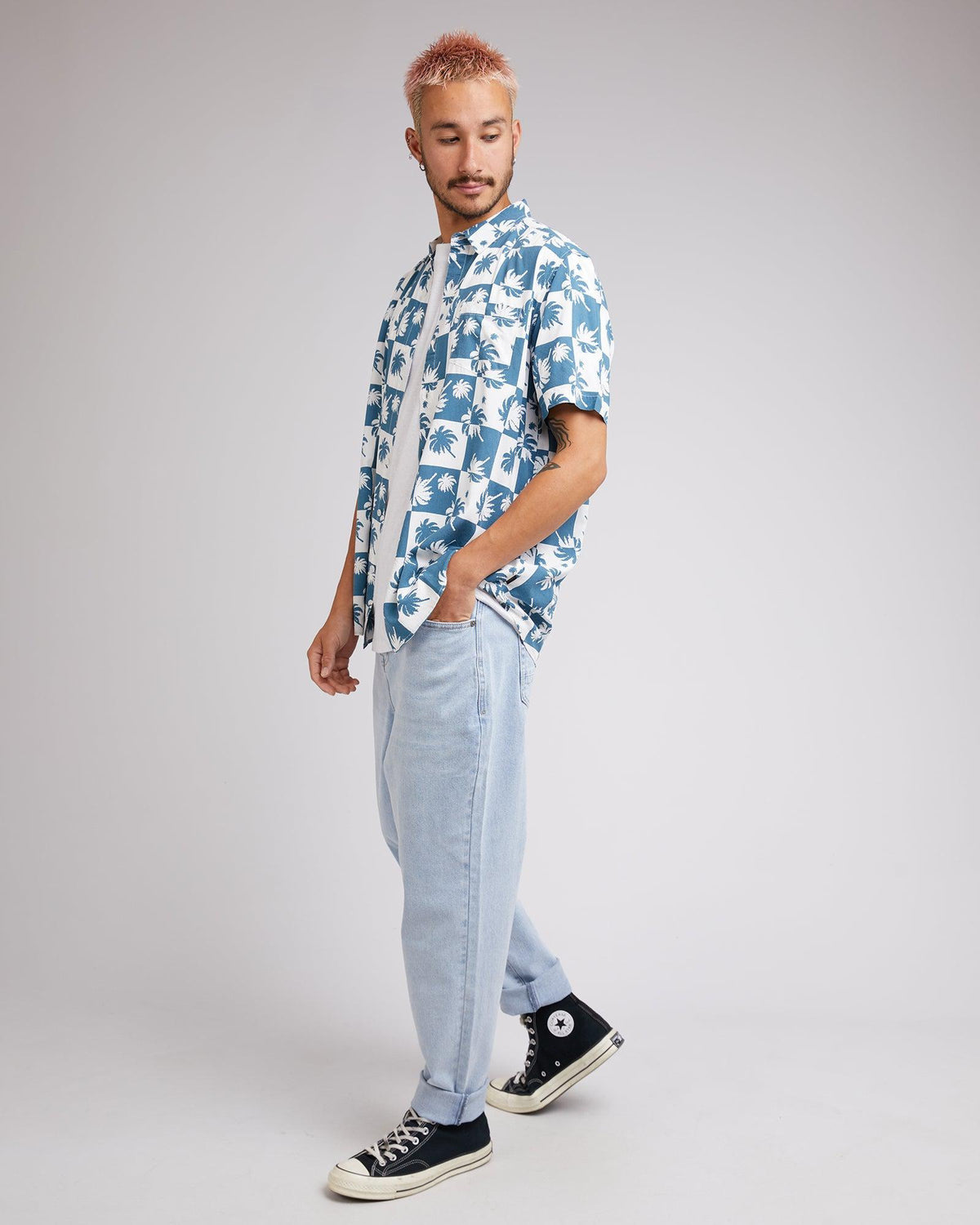 Silent Theory-Palm Check Ss Shirt Ocean Blue-Edge Clothing