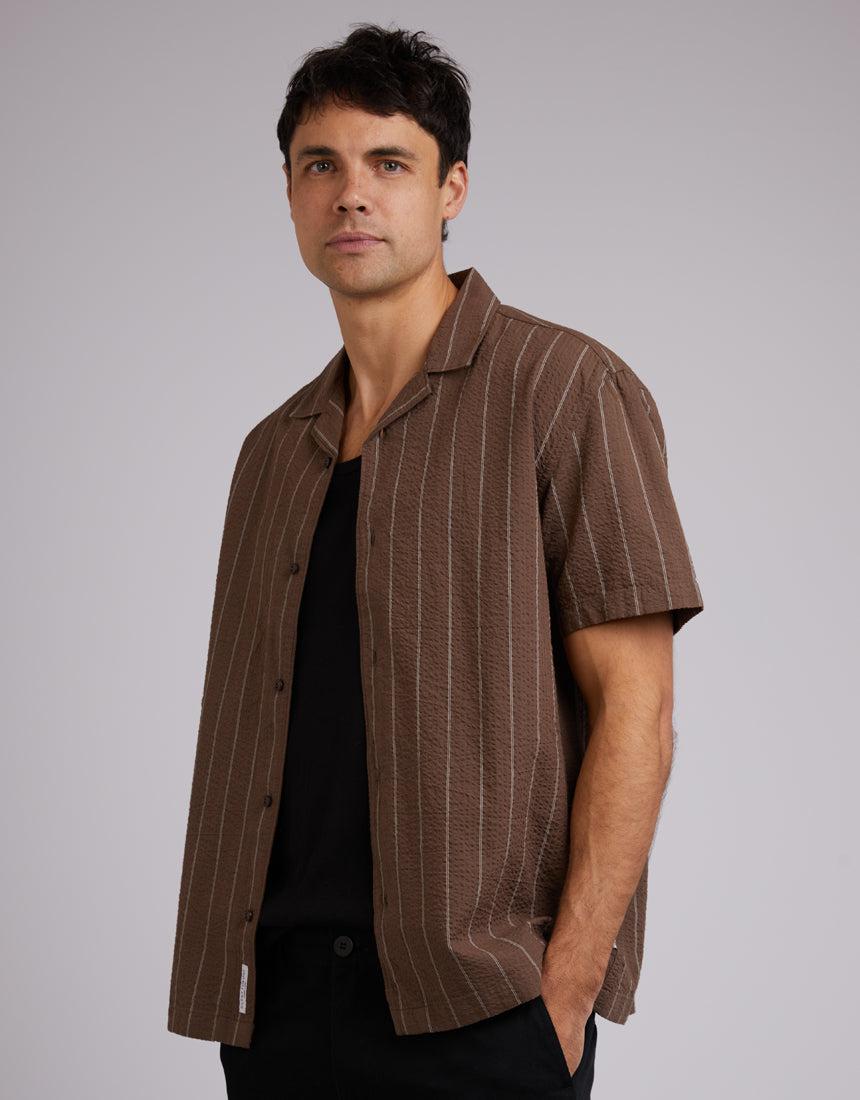 Silent Theory-Seersucker Shirt Chocolate Stripe-Edge Clothing