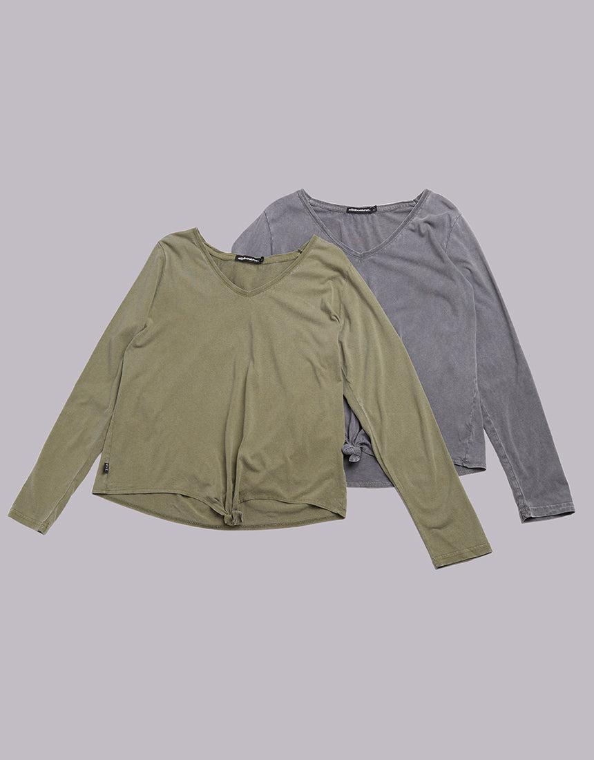 All About Eve-V Neck Tie Ls Tee 2Pk Charcoal/khaki-Edge Clothing