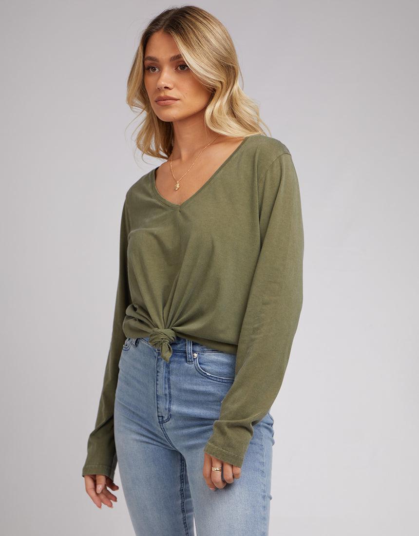 All About Eve-V Neck Tie Ls Tee 2Pk Charcoal/khaki-Edge Clothing