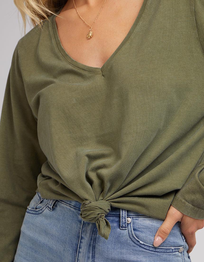 All About Eve-V Neck Tie Ls Tee 2Pk Charcoal/khaki-Edge Clothing