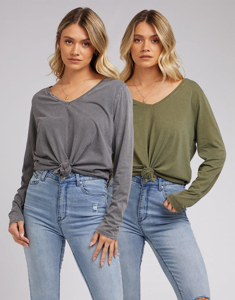 All About Eve-V Neck Tie Ls Tee 2Pk Charcoal/khaki-Edge Clothing